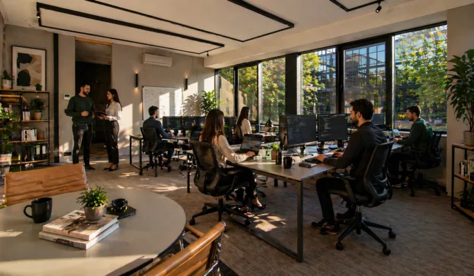 Open-plan office with teammates at desks along a long table by large windows; two coworkers chat near a whiteboard.