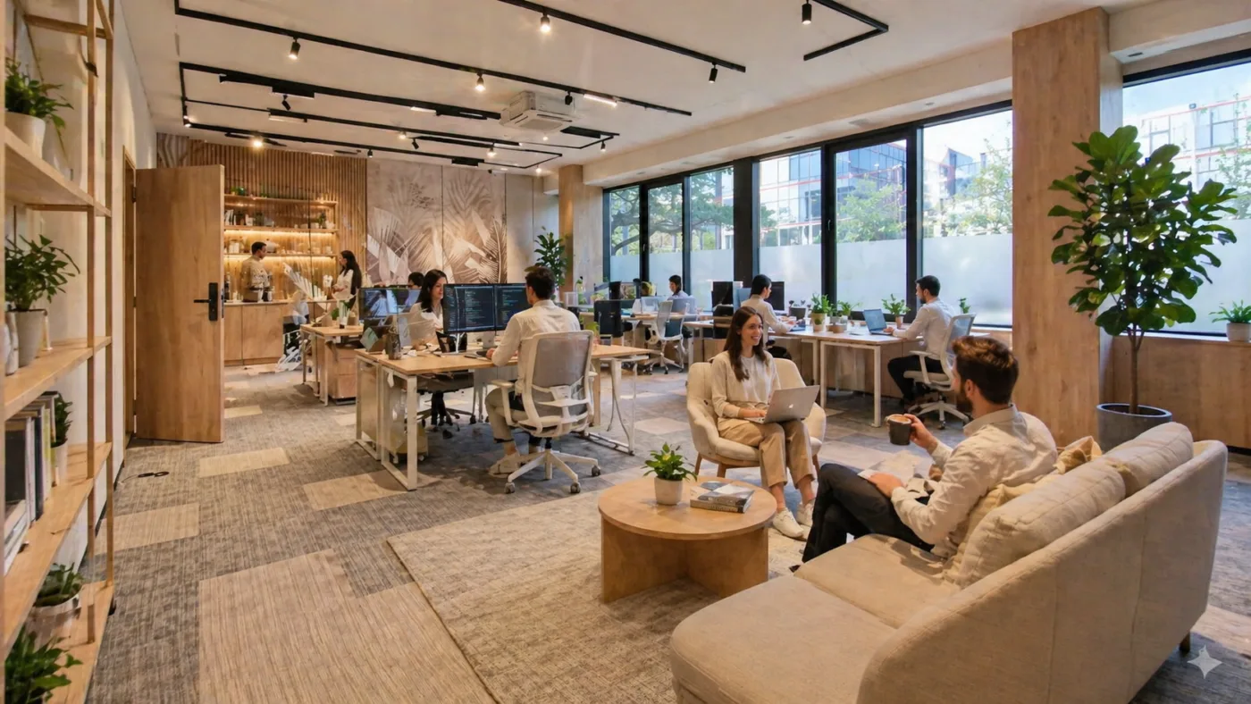Open-plan coworking space with desks, employees on laptops, large windows, and leafy plants.