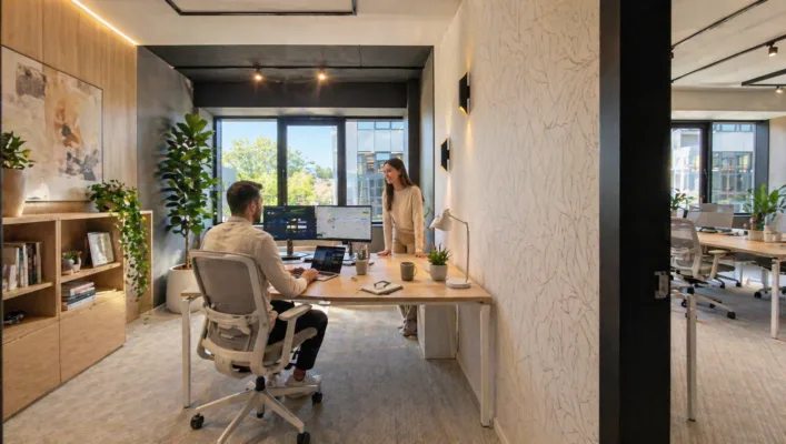 Man sits at a light wood desk with two monitors, while a woman stands beside him in a bright, plant-filled office. Large window in back.