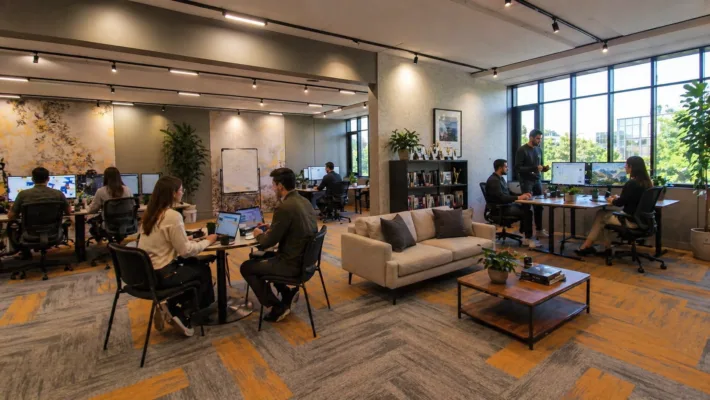 Open-plan office with employees at desks and a seating area in the foreground, large windows and plants visible across the room.