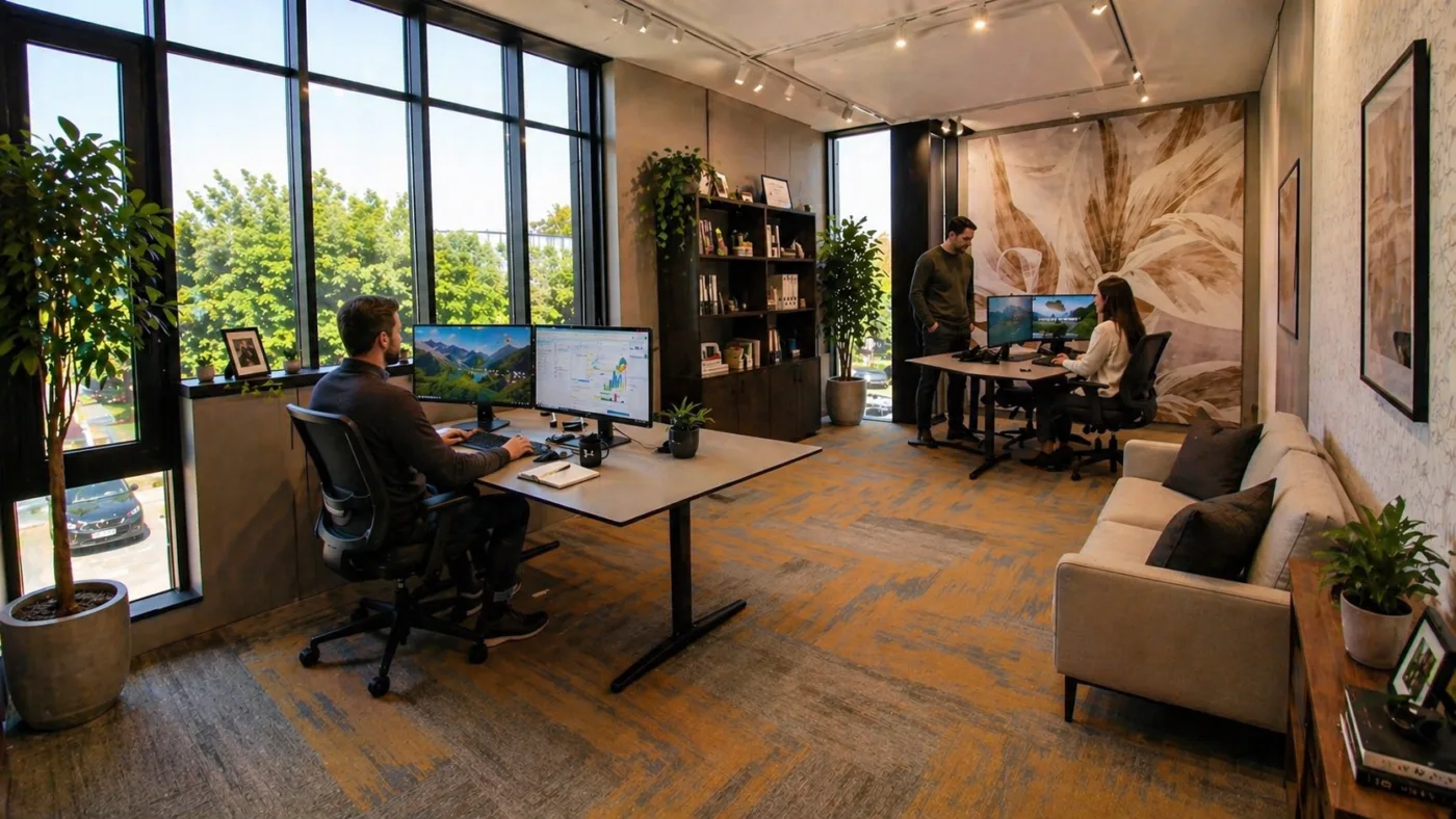 Open-plan office with two employees at desks using multiple monitors, near large windows and greenery, a bookshelf against the wall.