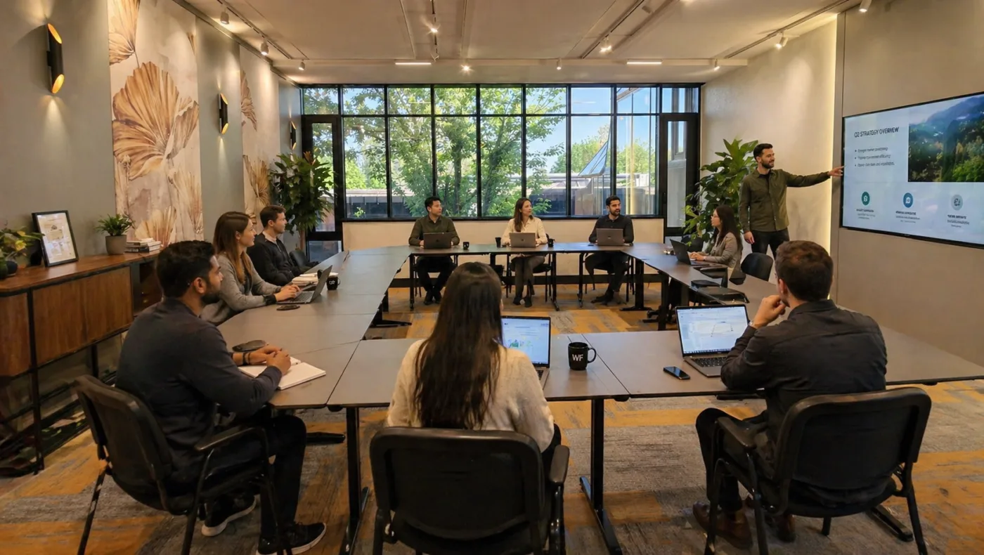 Team in a modern conference room listening to a presenter at the front of the room with a large screen.