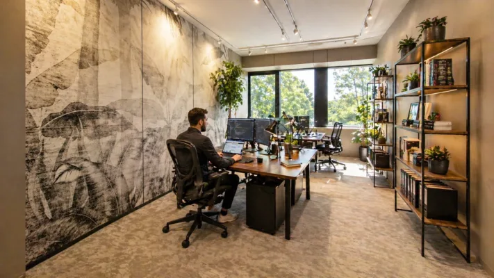 Modern office with a black-and-white mural, a man at a wood desk using multiple monitors and plants nearby by large windows.