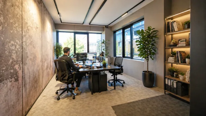 A modern office with a person at a desk facing several computer monitors, near large windows and tall potted plants.