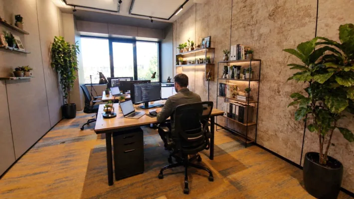 A man sits at a desk with multiple computer monitors in a modern plant-filled office with shelves along the walls.Concise description of an open-workspace scene.