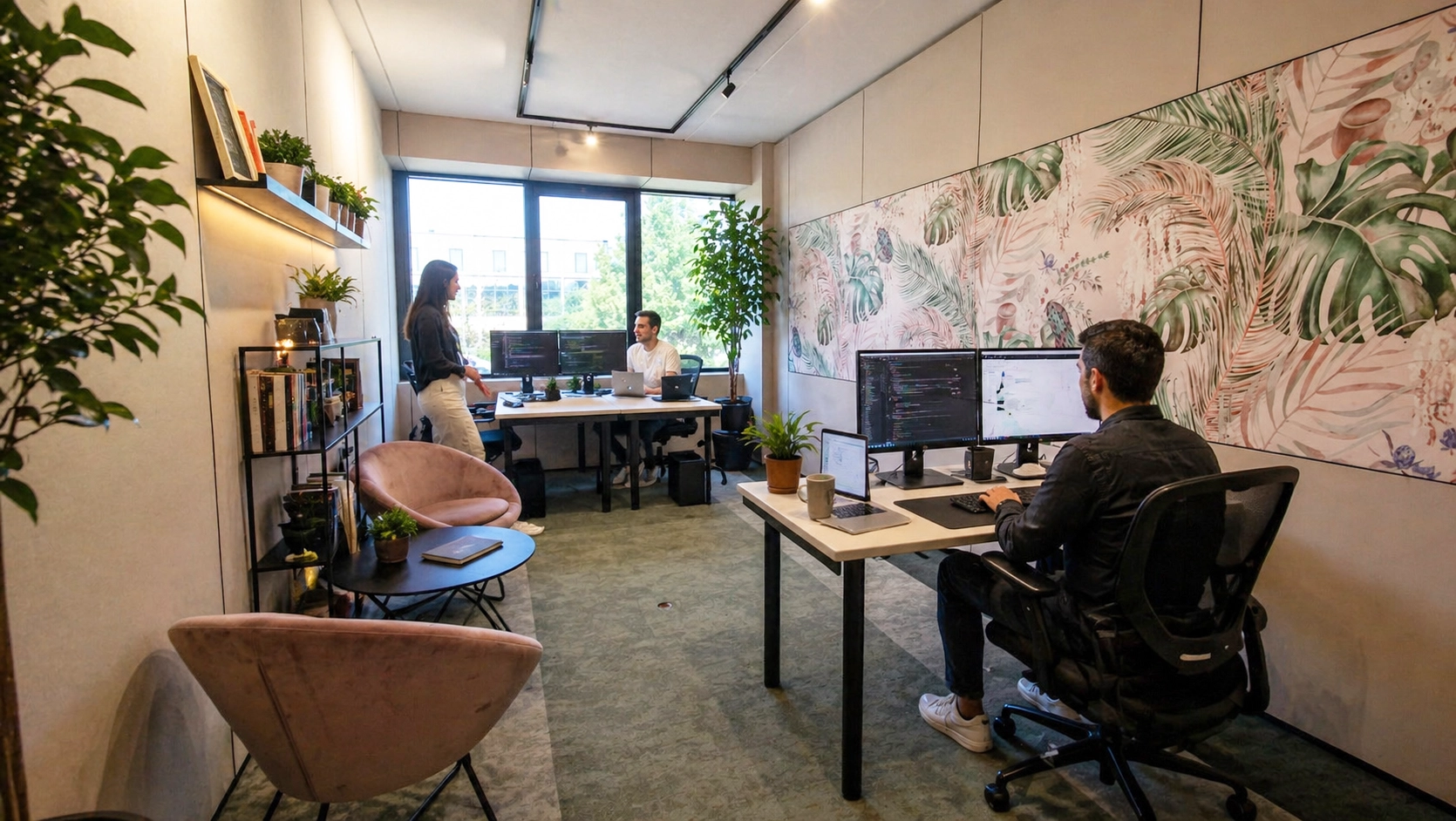 Open-plan office with tropical mural, multiple desks and plants; two coworkers at computers near a large window.
