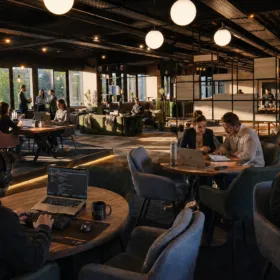 Open coworking space with people at round tables working on laptops and tablets, warm pendant lights, and plants throughout the area.