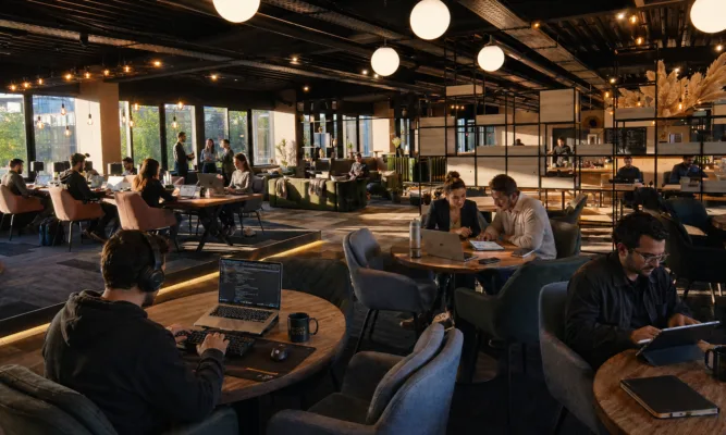 Open coworking space with people at round tables working on laptops and tablets, warm pendant lights, and plants throughout the area.