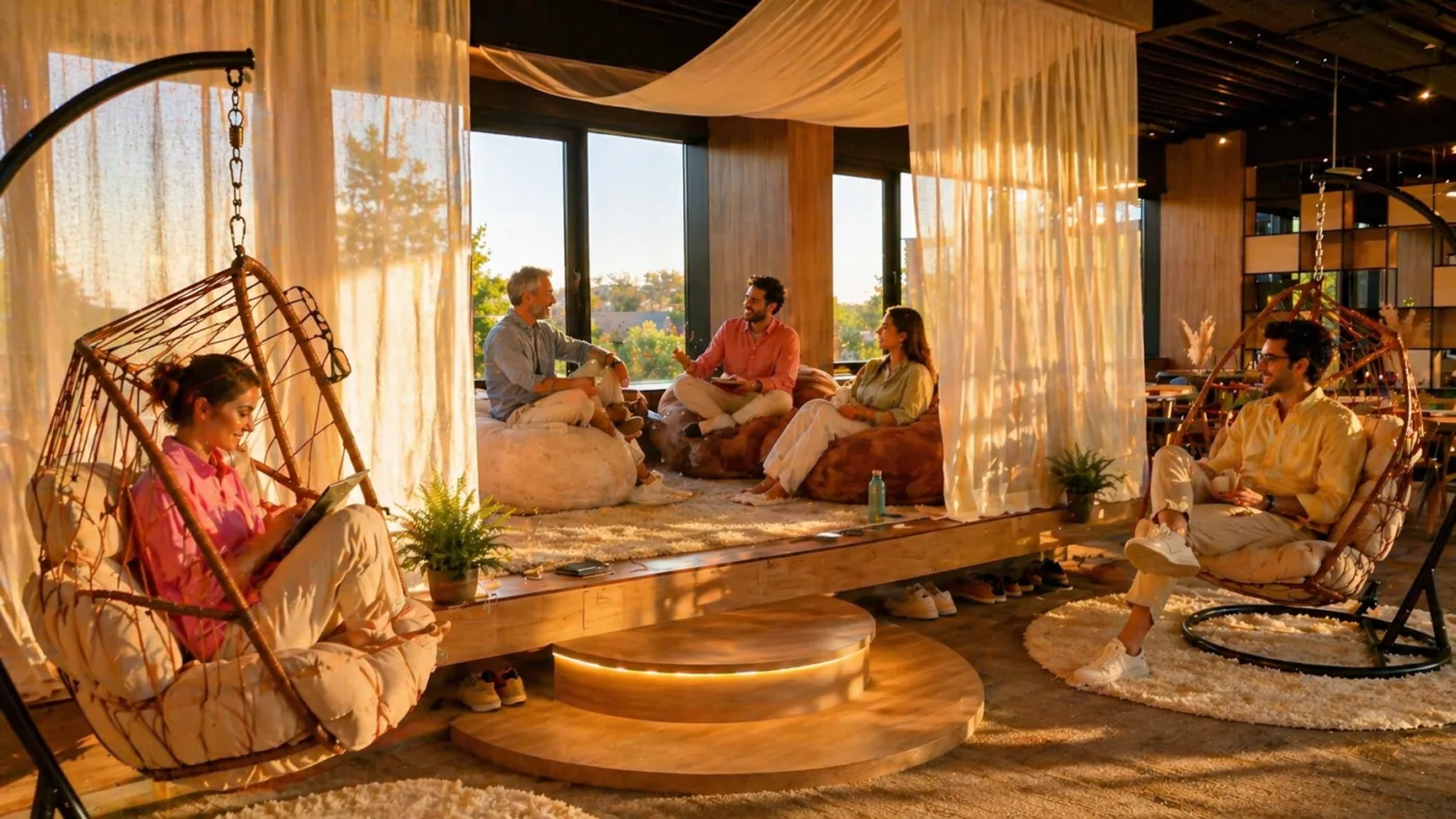 A group of five friends lounges on beanbags and hanging chairs in a sunlit, modern indoor lounge with sheer curtains and warm wood tones, chatting.