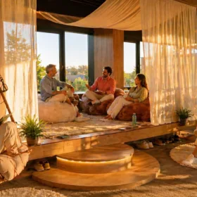 A group of five friends lounges on beanbags and hanging chairs in a sunlit, modern indoor lounge with sheer curtains and warm wood tones, chatting.