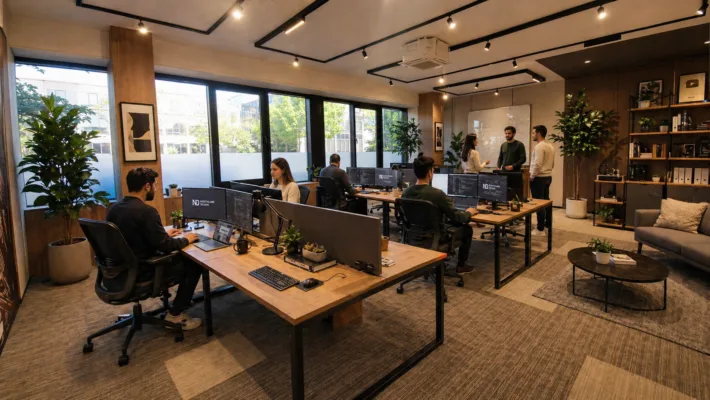 Open-plan tech office with employees at desks, monitors and laptops, large windows, and greenery throughout.