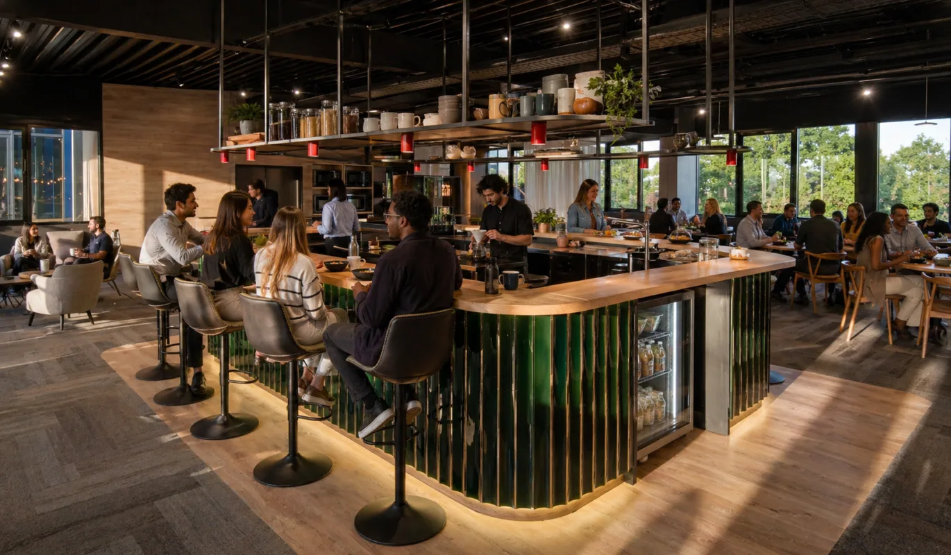 Open-plan restaurant with a curved wooden bar, green-tiled front, warm lighting, and groups of people seated on stools and at tables. People chat and dine around the bar in a modern, airy dining space with large windows and natural light.