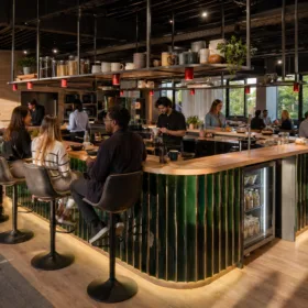 Open-plan restaurant with a curved wooden bar, green-tiled front, warm lighting, and groups of people seated on stools and at tables. People chat and dine around the bar in a modern, airy dining space with large windows and natural light.