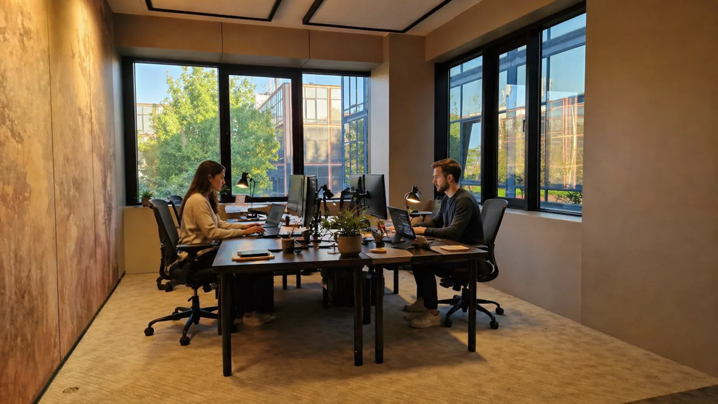 Two coworkers sit across from each other at a shared desk, typing on laptops in a bright, plant-filled office with large windows behind them.