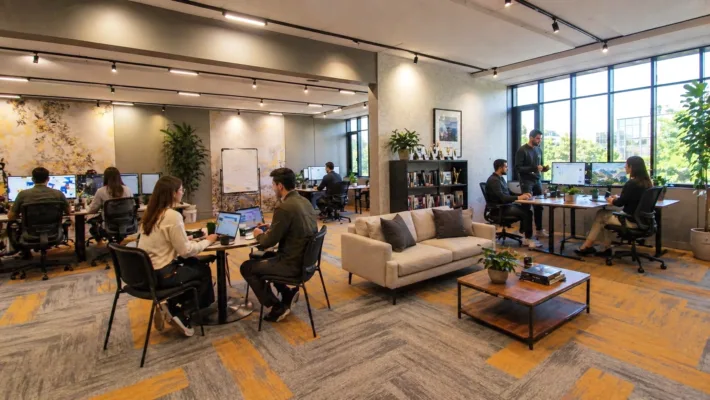 Open-plan office with several groups of people working at desks, laptops open, and a central beige sofa area with plants and a coffee table with books nearby.