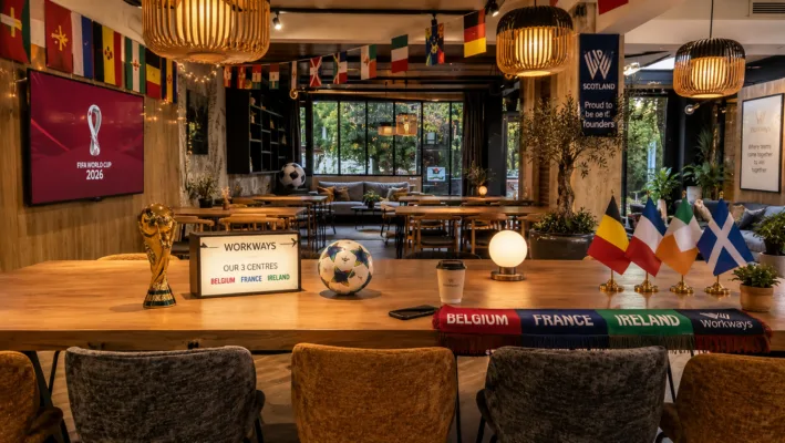 Event-space table setup with FIFA World Cup 2026 screen, flags, and trophy on display at a warm, modern venue.
